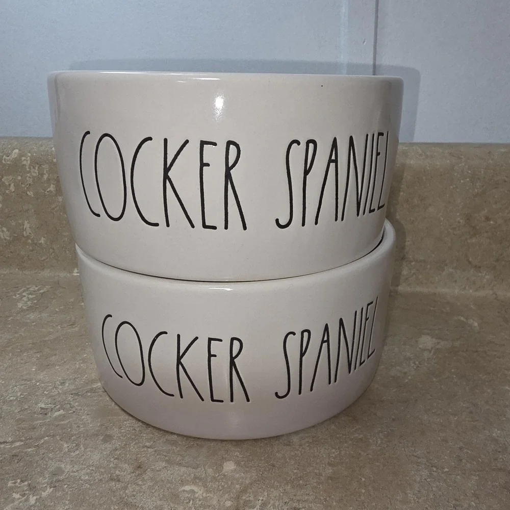 Rae Dunn Cocker Spaniel Pet Dog Bowls‎ Set Of 2 Stoneware White Dishwasher Safe
